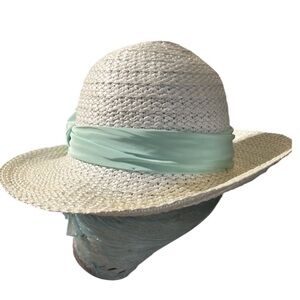 White straw hat  spring , summer with mint green scarf attached